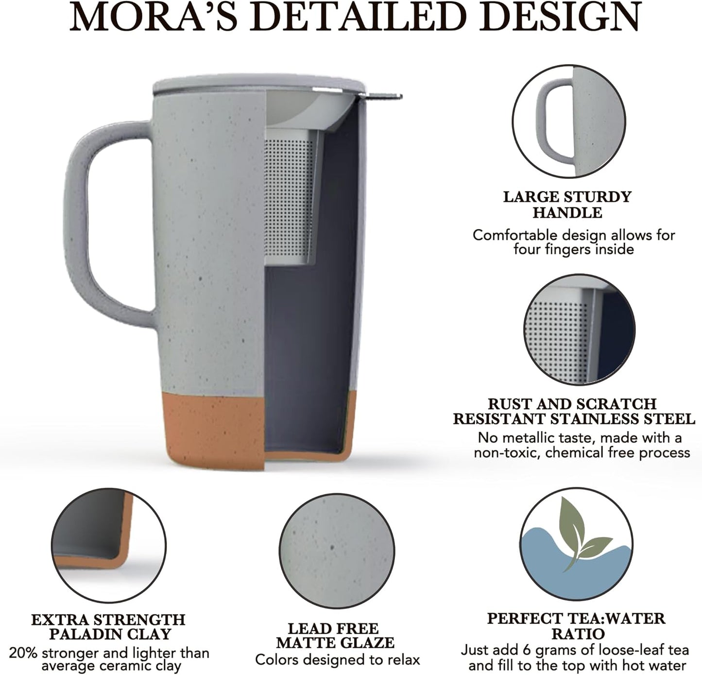Mora Ceramics Large Tea Mug with Loose Leaf Infuser and Ceramic Lid, 18 oz, Portable, Microwave and Dishwasher Safe, Tall Coffee Cup - Rustic Matte Ceramic Glaze, Modern Herbal Tea Strainer, Olive