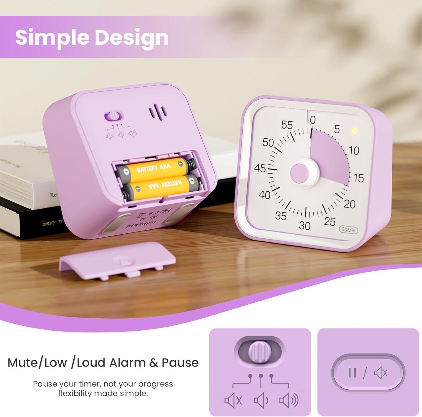 Visual Timer for Kids, Countdown Timer with Pause Function, White | Timer for Kitchen Cooking, Classroom, Study, Toddler, ADHD, Cute Timer Clock, Alarm 3 Volume Levels, Light Indicator