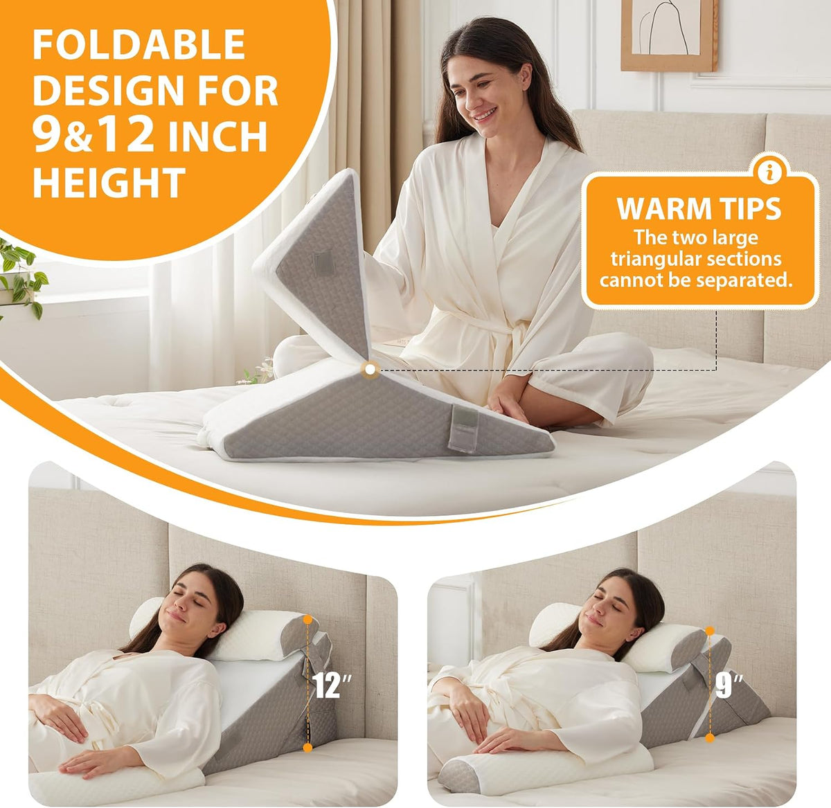 Ruqmuis Wedge Pillow Set for After Surgery, 3PCS Adjustable 9&12 Inch Bed Wedge Pillow for Sleeping, Incline Pillow Wedge for Headboard, Post Surgery, Acid Reflux, Neck&Back Support, White/Grey