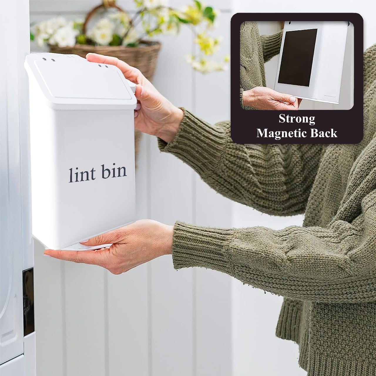 Magnetic Lint Bin with Lint Brush, two white hooks, one black back hook & all accessories for Laundry Room decor, Wall-Mounted Lint Bin with Lid, Powder Coated, Space-Saving Trash Can (Black)