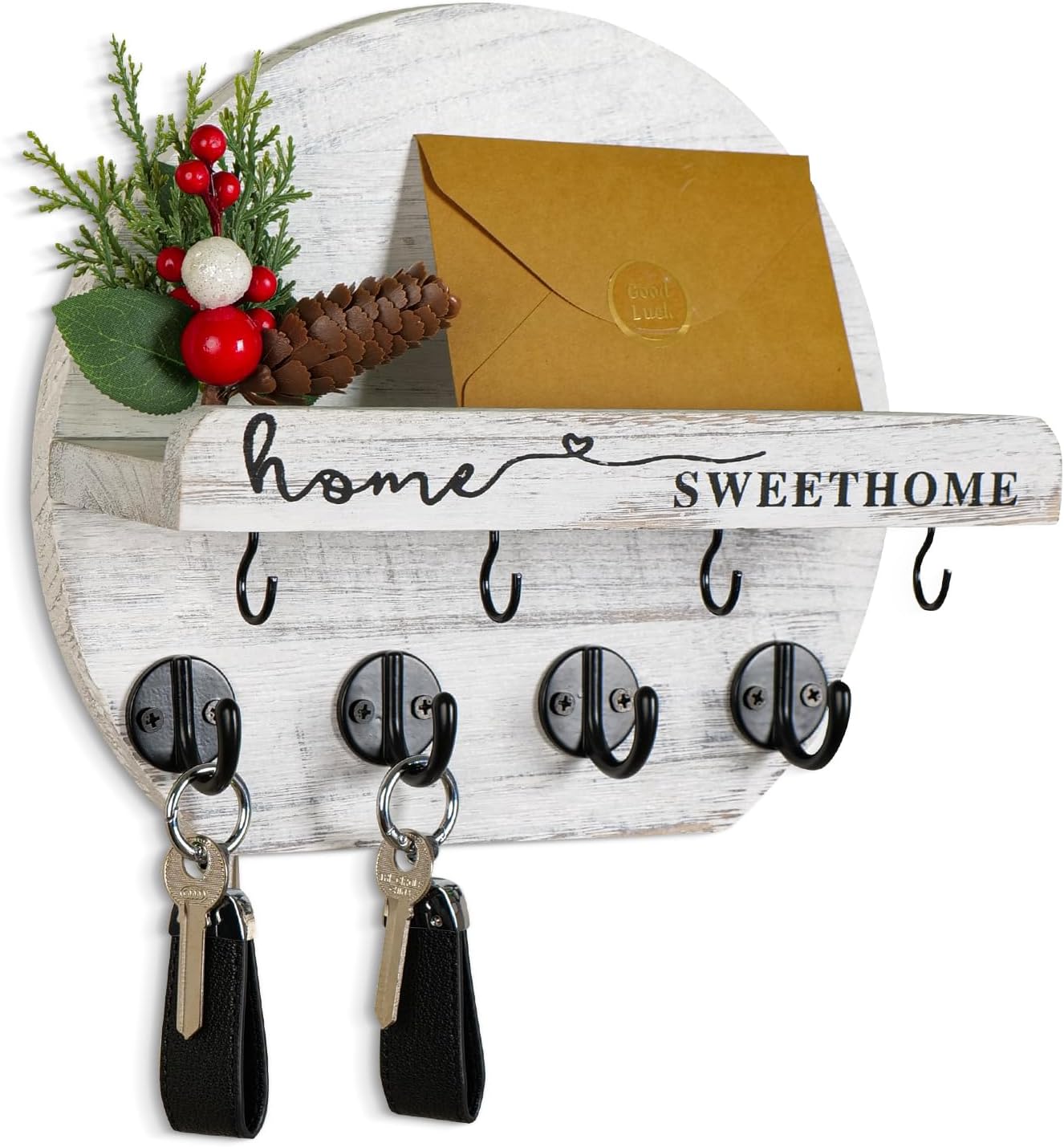 Key Holder for Wall, Key and Mail Holder Organizer - Key Holder Wall Mount with Bouquet Shelf and Key Hooks, Round Wooden Rustic Key Rack for Entryway and Home Decor (Black)
