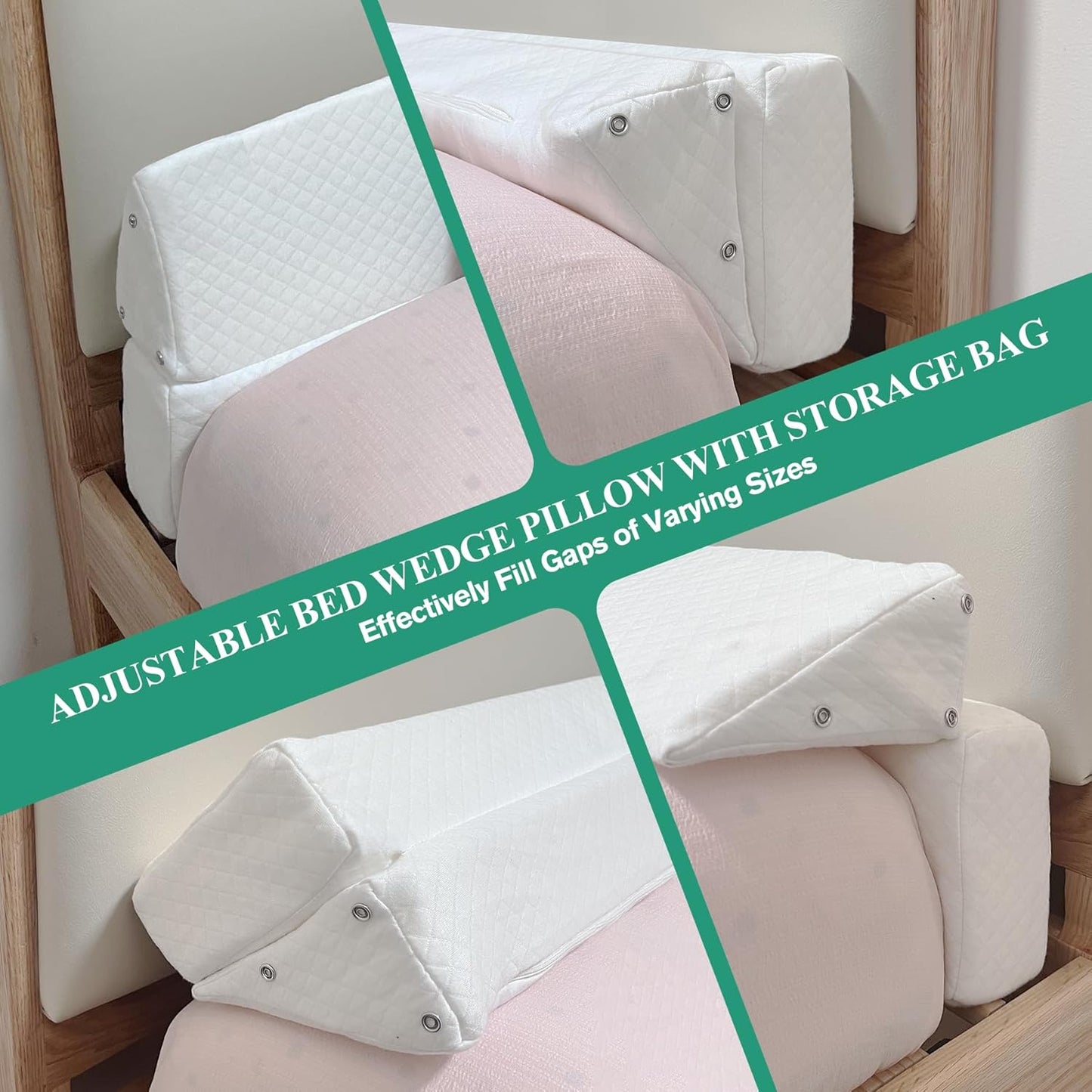 JZHLLA Foldable Pillow Wedge for Headboard Gap 76x6x6in White Cotton Bed Gap Filler with Snap-on Storage Bags Adjustable Pillow Wedge for Headboard Gap