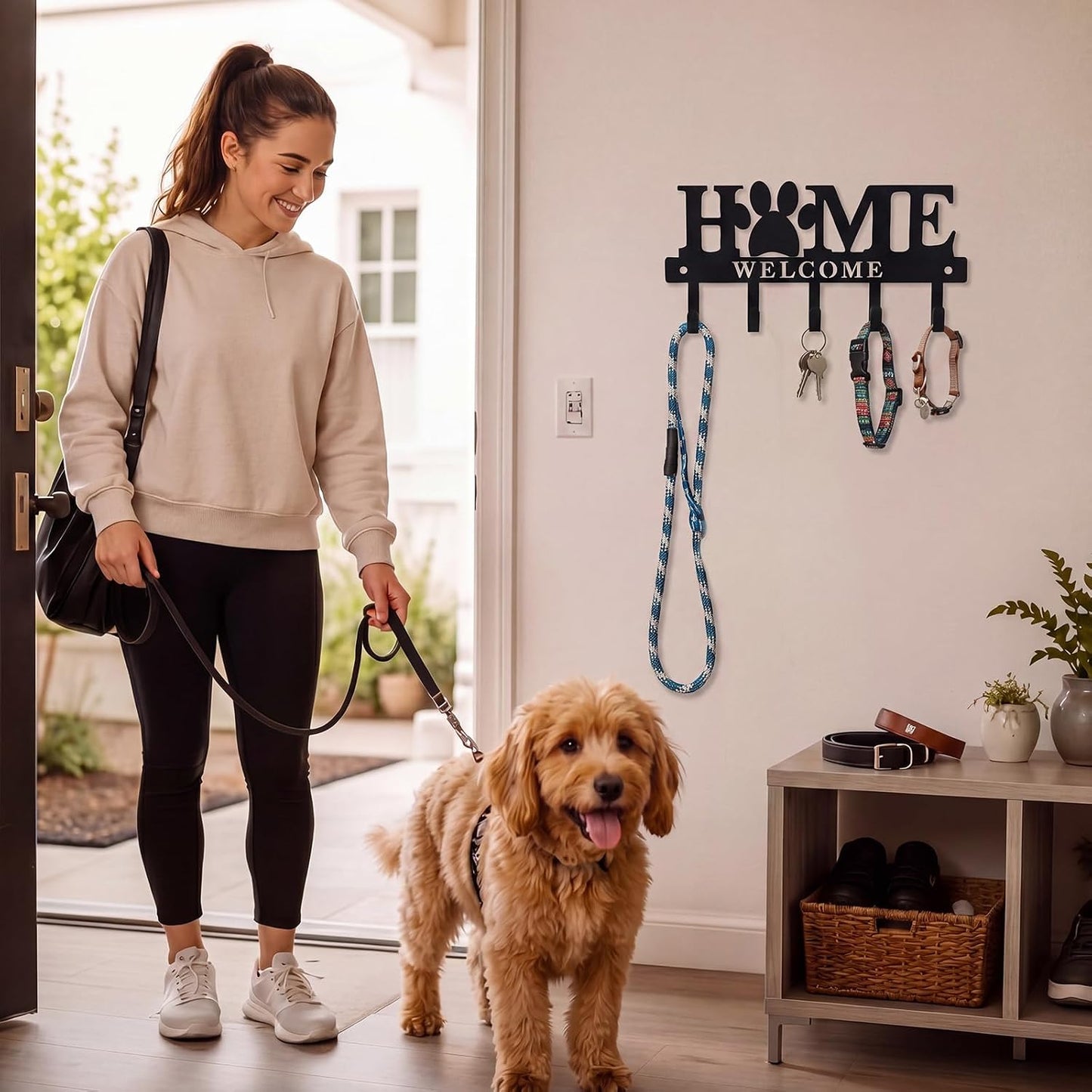 Key Holder Wall Mount Paw Print Metal Key Hooks Organizer Dog Leash Holder with 5 Hooks Rustic Farmhouse Decorative Welcome Home Wall Decor for Entryway Bathroom Dog Lover 9.8 Inch