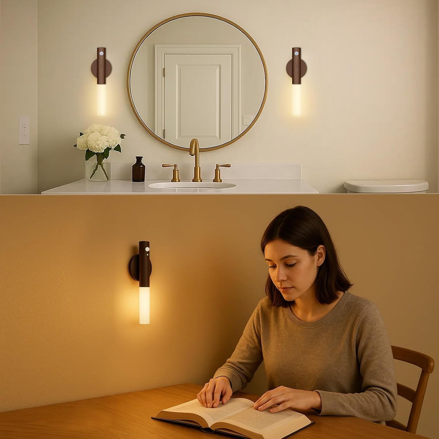 Rechargeable Motion Sensor Wall Sconces, 2200mAh, Magnetic Night Light 4P | Battery Operated, Wireless, Wall Light, 3000K Warm White, Indoor Use for Hallway, Stair, Cabinet and Picture Lighting