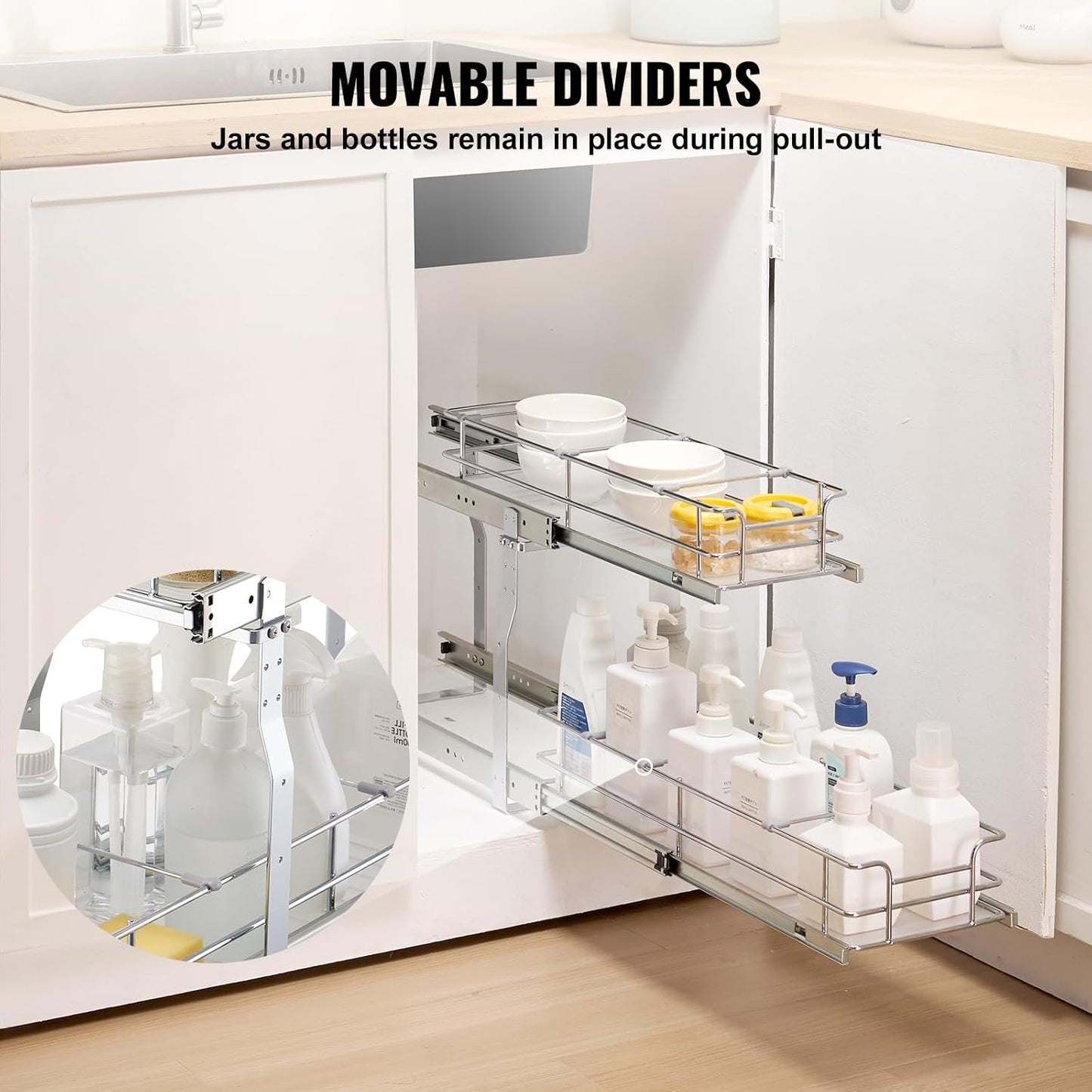 VEVOR Pull Out Cabinet Organizer, 14" Wx21.2 Dx15.2 H Heavy 2 Tier Duty Slide Out Pantry Shelves, Chrome-Plated Steel Roll Out Drawer for Under Sink, 15.5" Wx22.5 Dx19 H Install Size for Cabinet