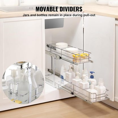 VEVOR Pull Out Cabinet Organizer, 14" Wx21.2 Dx15.2 H Heavy 2 Tier Duty Slide Out Pantry Shelves, Chrome-Plated Steel Roll Out Drawer for Under Sink, 15.5" Wx22.5 Dx19 H Install Size for Cabinet