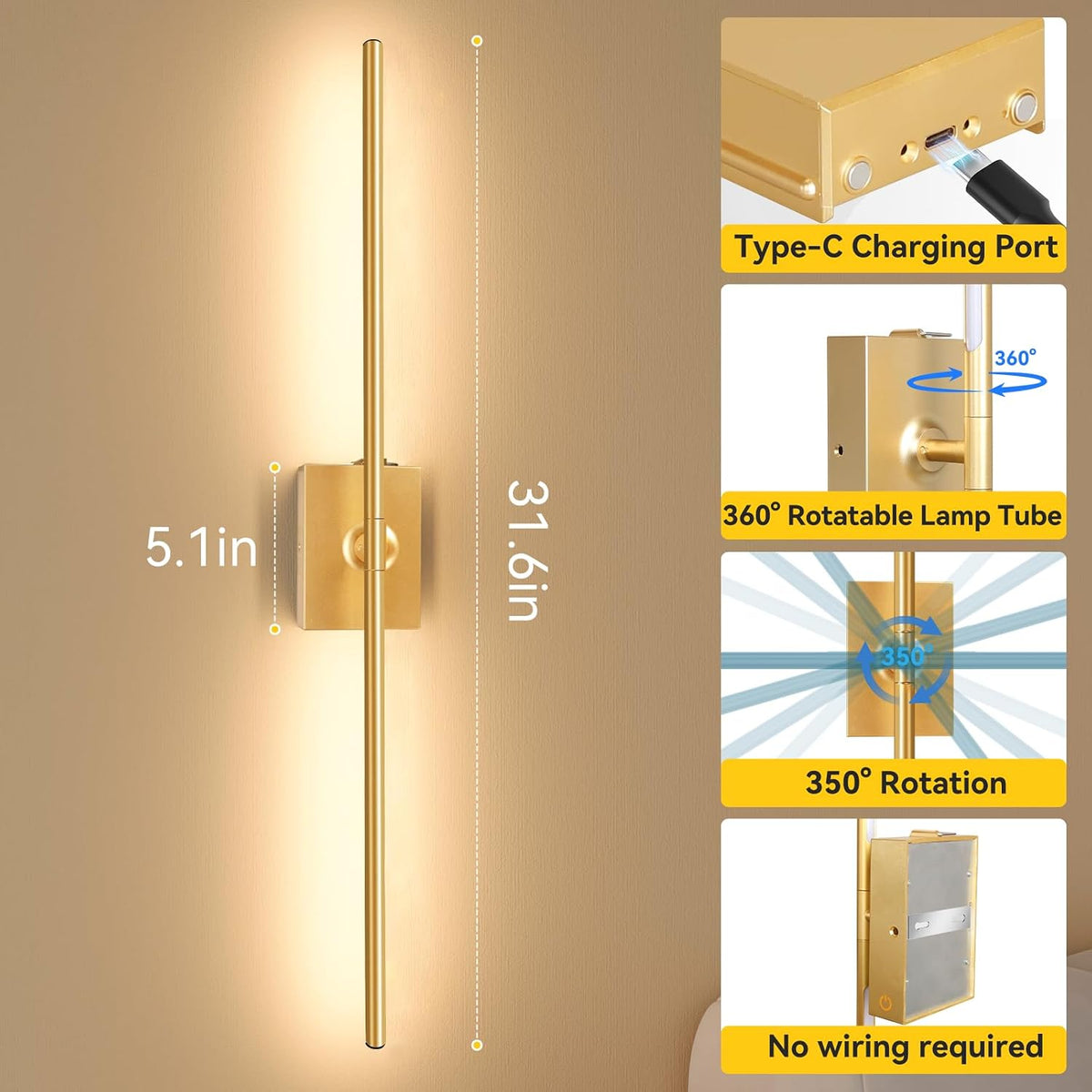 Battery Operated Wall Sconces Set of 2, Remote Control, 10000mAh, Black