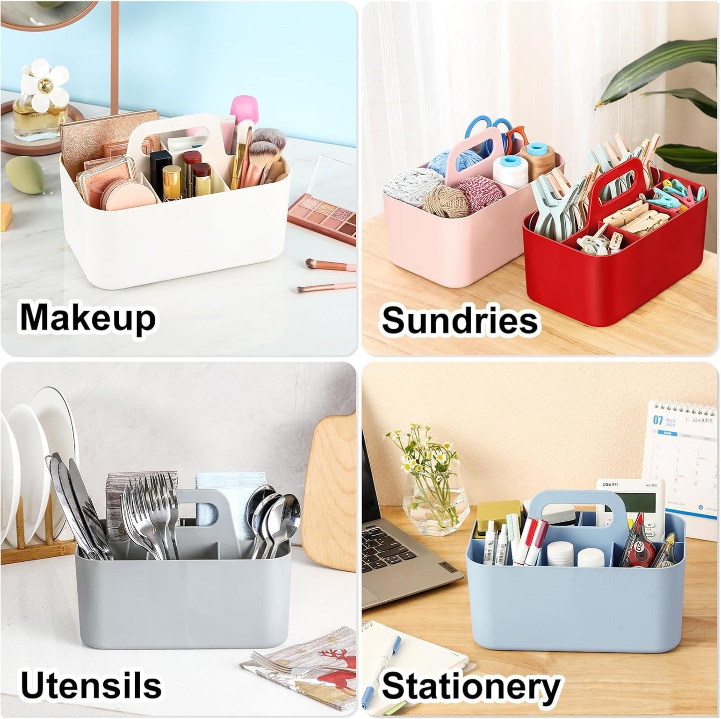 Multiuse Caddy Organizer with Handle, Portable Divided Plastic Tote Bin - Art Craft, Stationary Pen Marker Crayons, Makeup Hair Supplies Storage - Bathroom, Classroom, Dorm, Office, Desk Holder - Grey