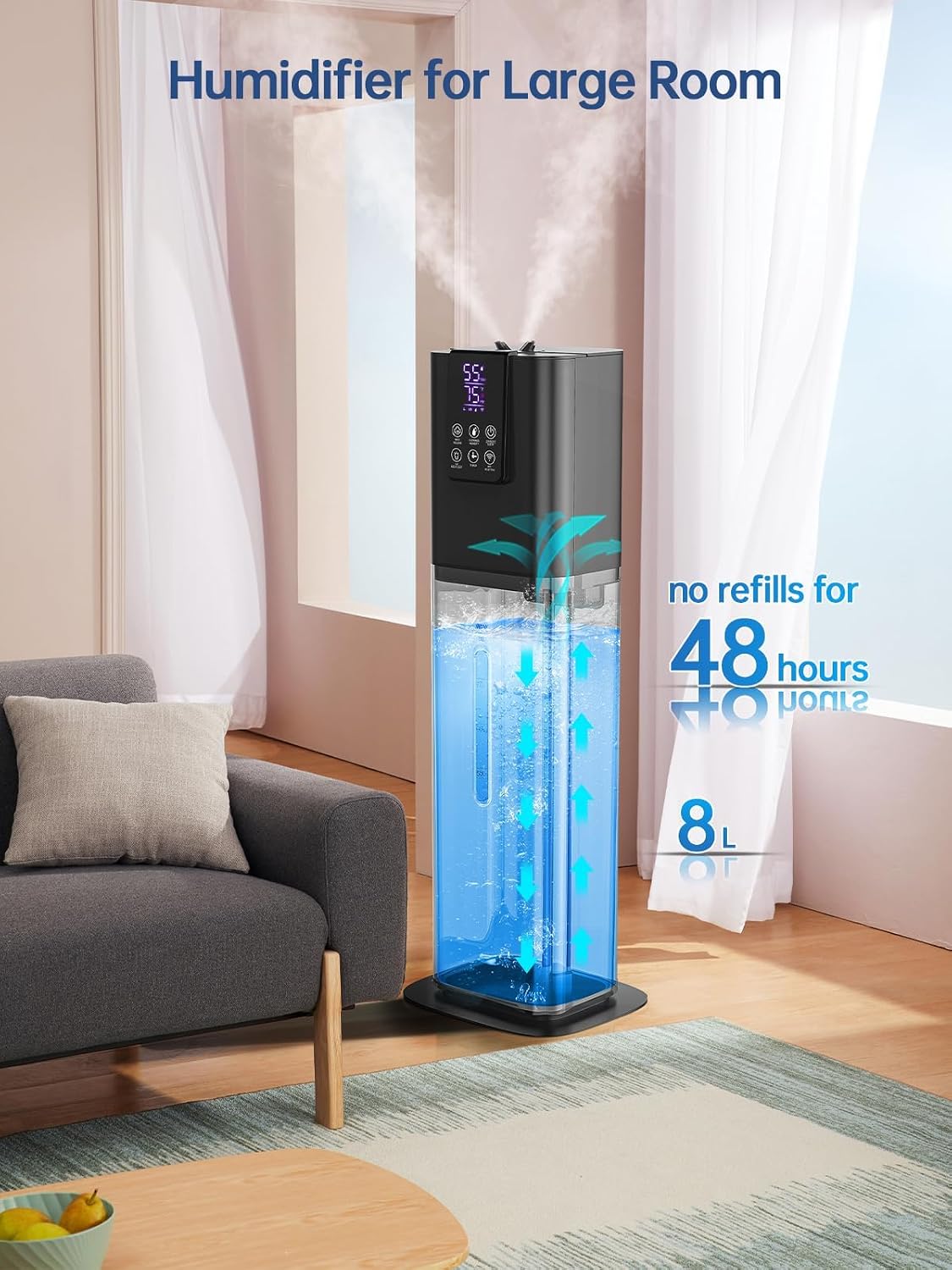 8L Smart Humidifiers for Bedroom Large Room, 2.1Gal Cool Mist Top Fill Diffuser Ambient Light, App & Remote Control, 3 Mist Modes, Quiet Humidifier for Home Office Plant