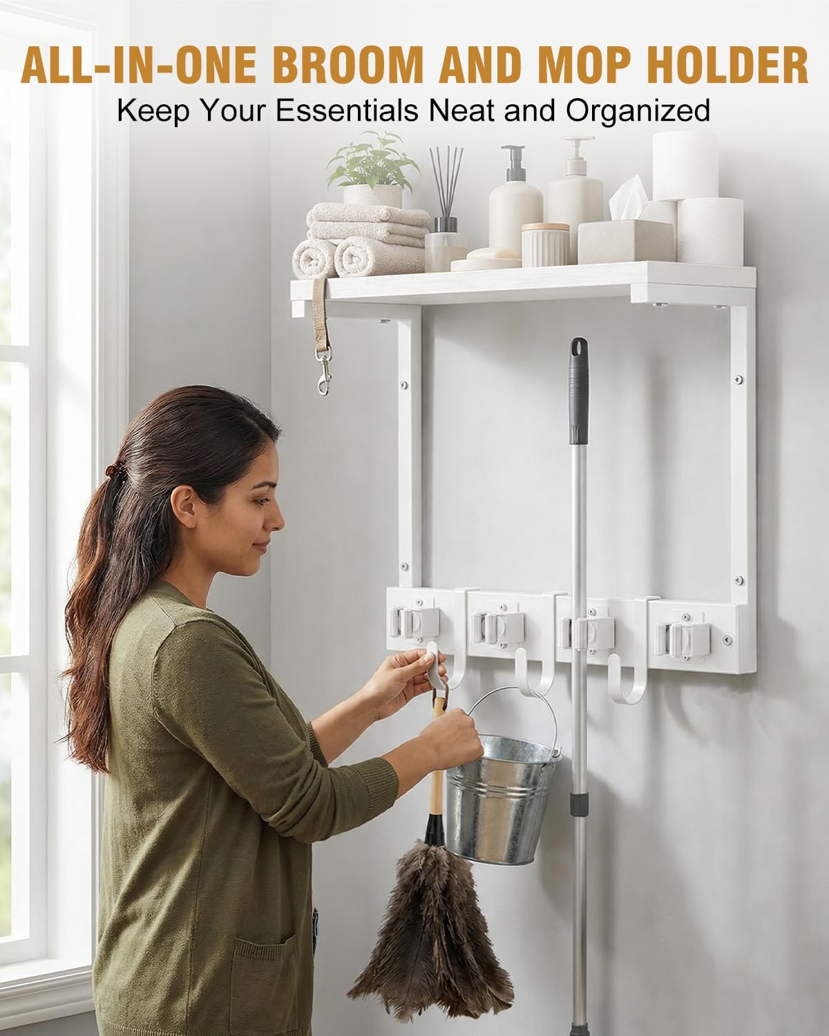 Large Broom Holder Wall Mount with Shelf, Vacuum Organizer, 5 Slots 5 Hooks | Black, 3-In-1 Wall Mount Stores Brooms/Mops/Vacuum, Cleaning Supplies With 5 Grippers/5 Hooks And A Sturdy Wooden Top Shelf