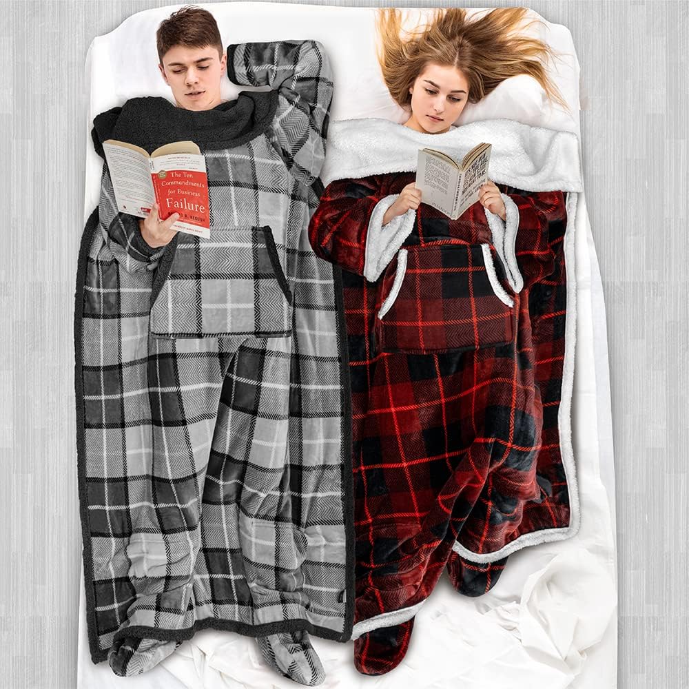 PAVILIA Fleece Blanket with Sleeves, Foot Pockets for Women Men Adults, Plush Wearable Blanket Throw Wrap, Warm Snuggle Blanket Robe, Cozy Gift Ideas Wife Mom, Dark Purple