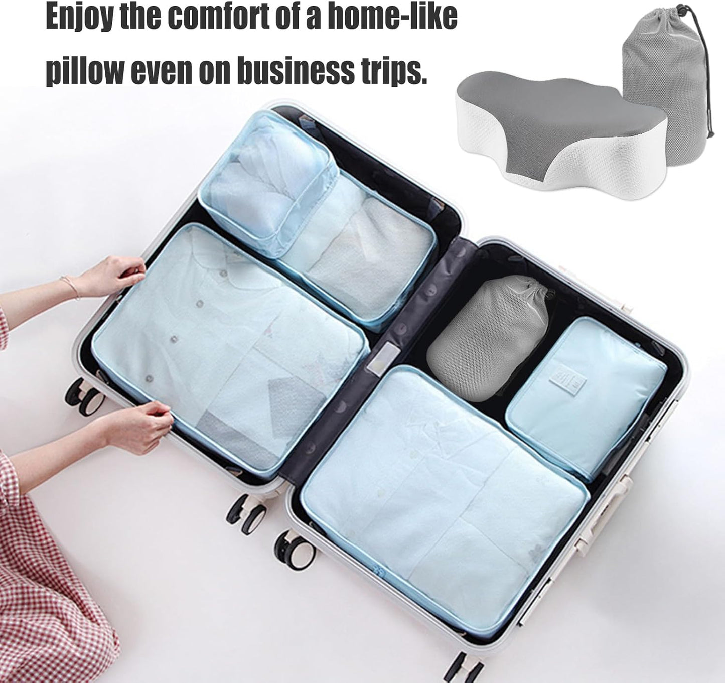 Bespilow Travel Size Cervical Neck Pillow for Sleeping,Ergonomic Support | Small Comfortable Contour Memory Foam Pillows for Neck Pain Relief, Compact Camping Pillow for RV, Road Trip, Cooling Cover