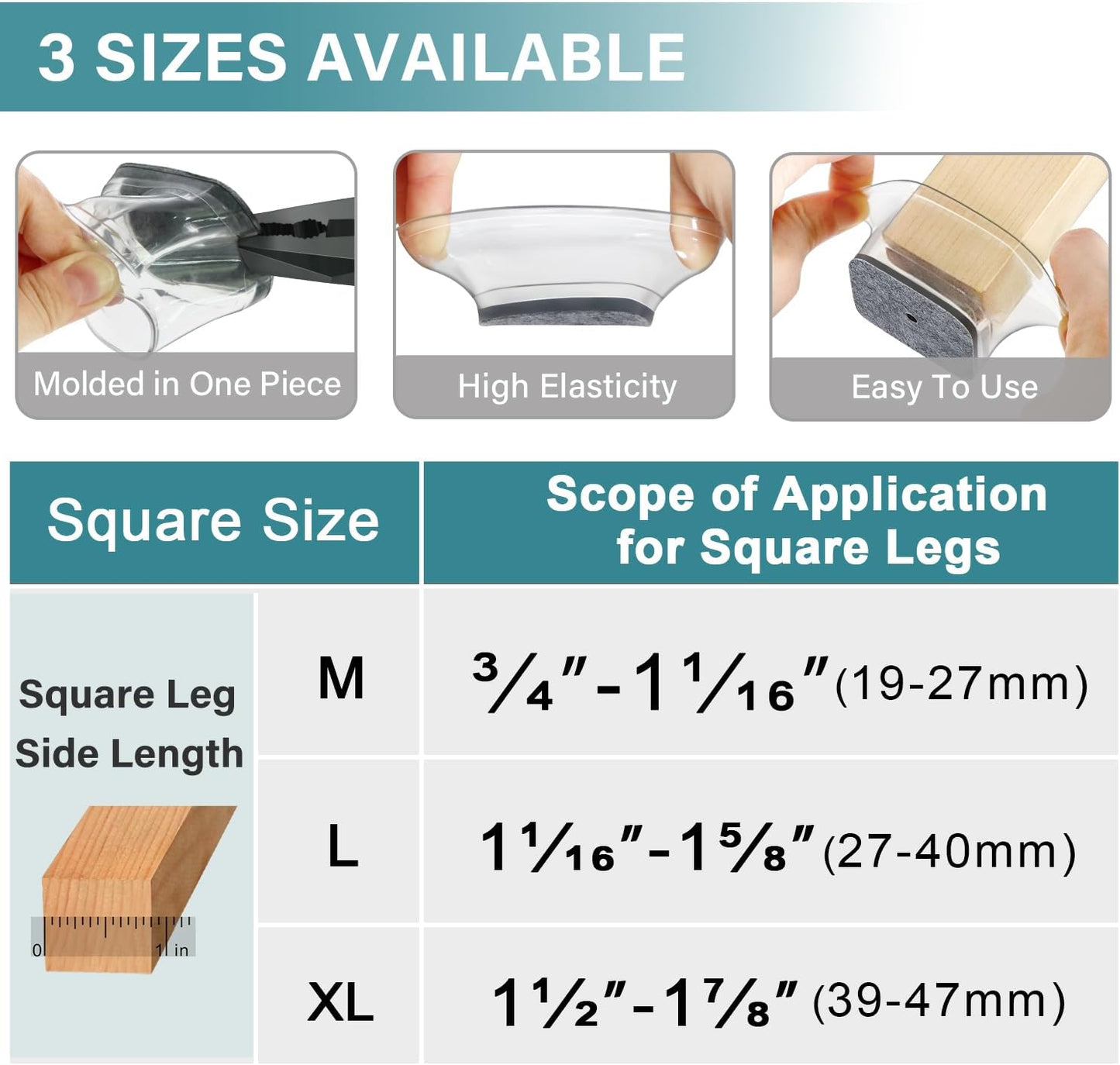 Ansible 24 Pcs Chair Leg Floor Protectors Square | Silicone Felt Furniture Leg Pads Caps Covers for Hardwood Floors (Fit:1-1/16" to 1-5/8")