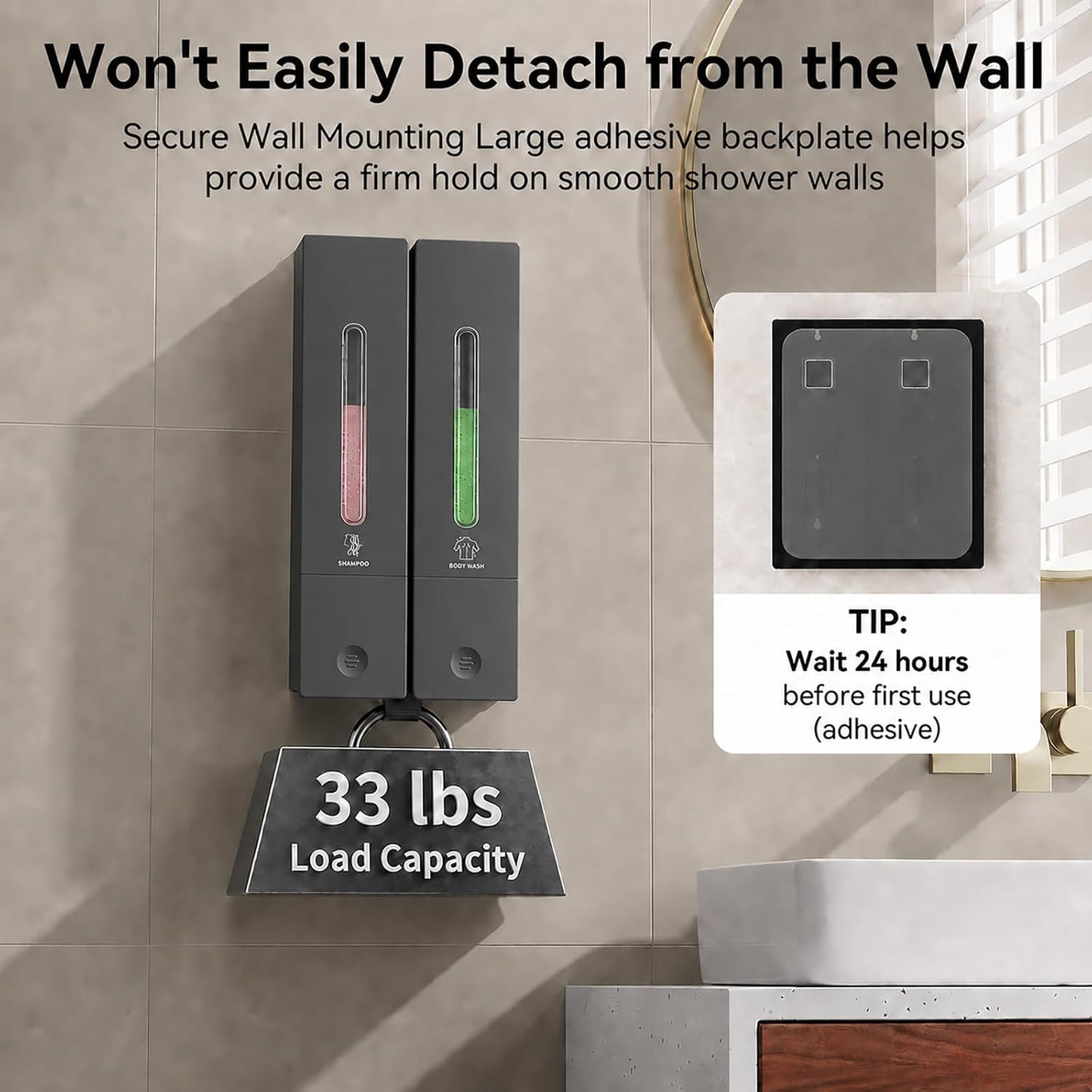 Shampoo and Conditioner Dispenser - Wall-Mounted 3-Chamber Shower Soap Dispenser, No-Drill, 1200ML Capacity, for Bathroom & Hotel