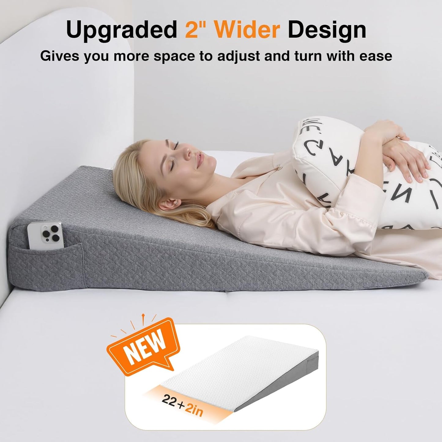 Vekkia 34" Extra-Long Wedge Pillow,7.5" Bed Wedge Pillow for Sleeping,White | Pillow Wedge Back Support for After Surgery, Idea for Acid Reflux,Snoring Relief,Removable Washable Cover&Double Side Pockets