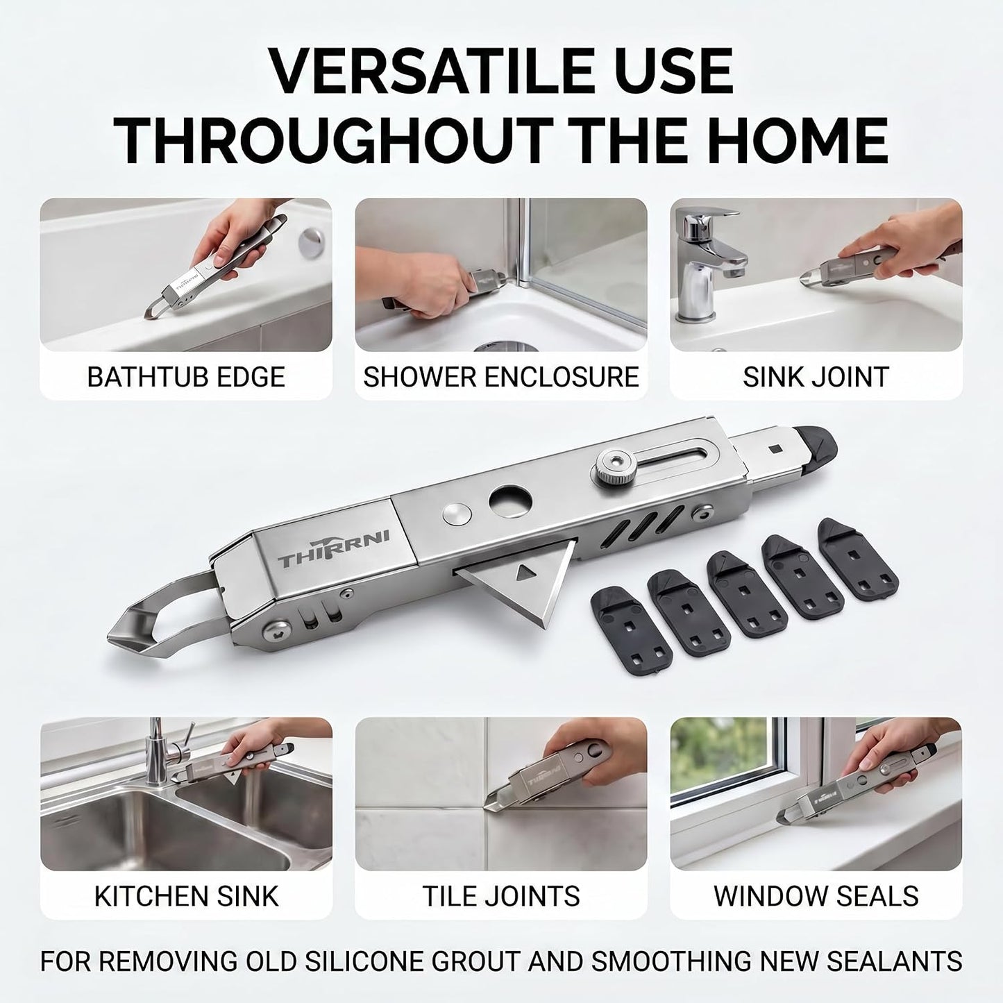 6-in-1 Caulking Tool Kit for Removing Old Caulk and Smoothing New Sealant, Stainless Steel Caulk Remover with 5 Silicone Pads for Bathroom, Kitchen, Window, Sink and Tile