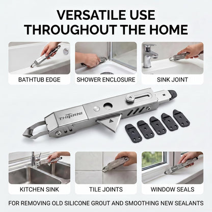 6-in-1 Caulking Tool Kit for Removing Old Caulk and Smoothing New Sealant, Stainless Steel Caulk Remover with 5 Silicone Pads for Bathroom, Kitchen, Window, Sink and Tile
