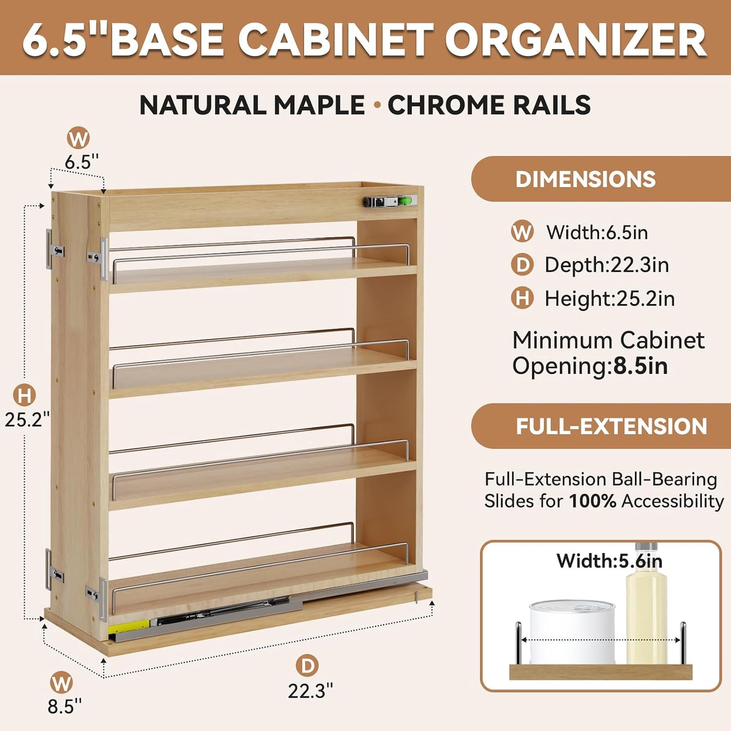Pull Out Spice Rack Organizer for Cabinet (5" W x 22.3" D x 25.2" H), Sliding Spice Rack for Kitchen Cabinet, Wood Pull Out Cabinet Organizer for Multi-Use