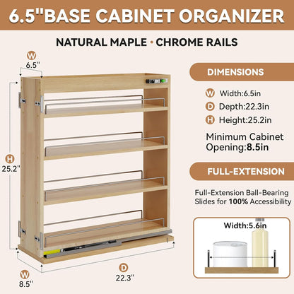 Pull Out Spice Rack Organizer for Cabinet (5" W x 22.3" D x 25.2" H), Sliding Spice Rack for Kitchen Cabinet, Wood Pull Out Cabinet Organizer for Multi-Use