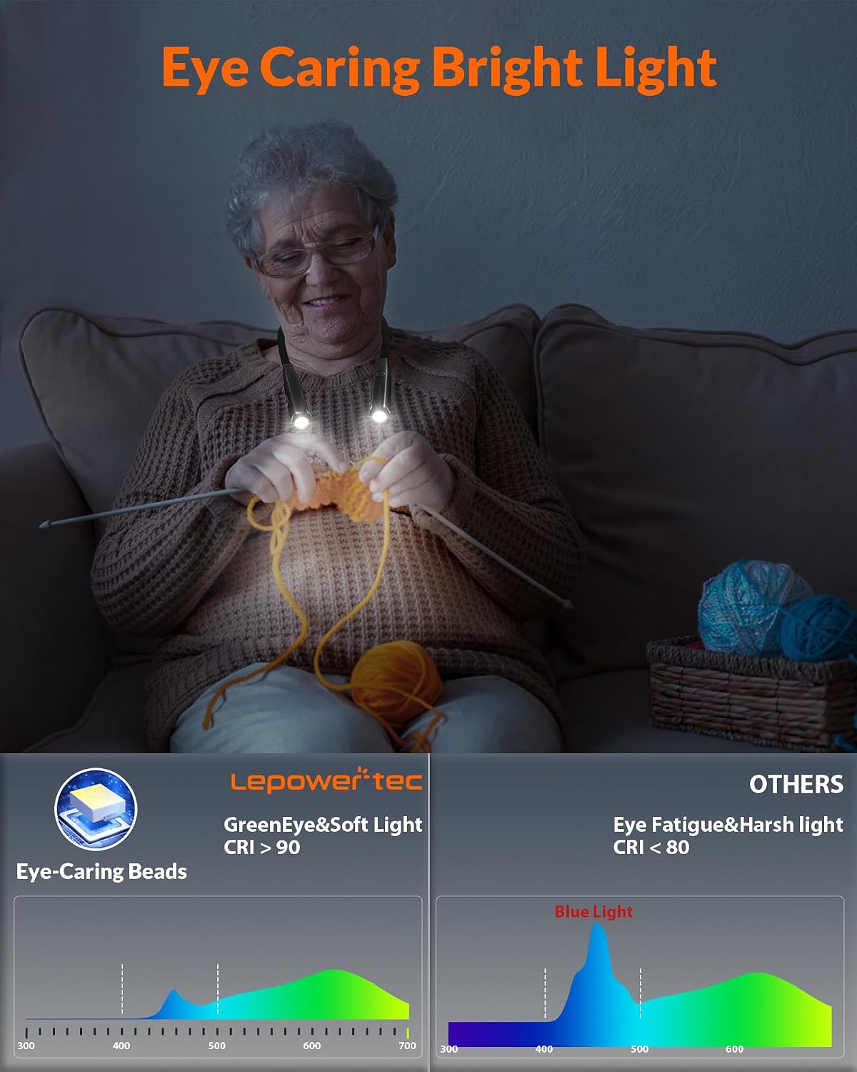 LEPOWER Reading Neck Light, 3-Color & 5-Brightness, Book Light for Reading in Bed, Rechargeable Lamp with Comfortable Silicone Arm, Eye-Caring Neck Lamp for Reading, Knitting, Crafting