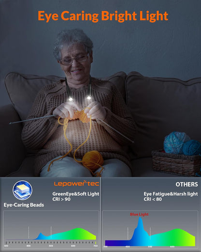 LEPOWER Reading Neck Light, 3-Color & 5-Brightness, Book Light for Reading in Bed, Rechargeable Lamp with Comfortable Silicone Arm, Eye-Caring Neck Lamp for Reading, Knitting, Crafting