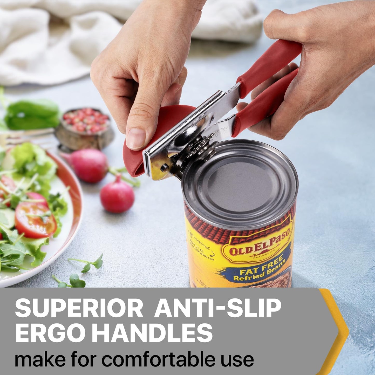 UHIYEE Heavy Duty Hand Can Opener with Comfortable Grip for Seniors, Black | Manual Can Opener, Hardened Steel Blade, Rubber-Coated Handle, Oversize Knob, Built-in Magnet & Bottle Opener