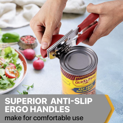 UHIYEE Heavy Duty Hand Can Opener with Comfortable Grip for Seniors, Black | Manual Can Opener, Hardened Steel Blade, Rubber-Coated Handle, Oversize Knob, Built-in Magnet & Bottle Opener