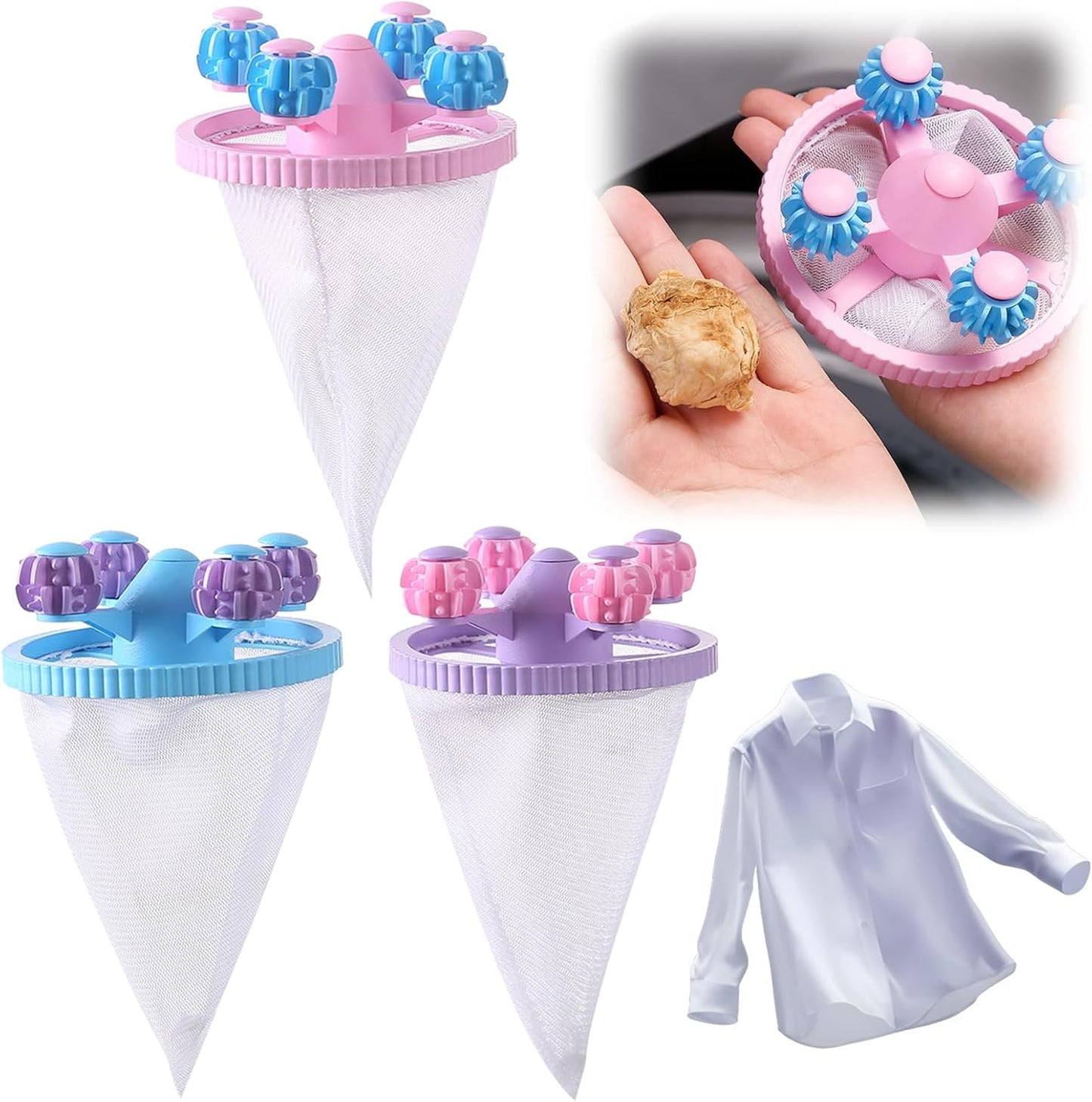 3PCS Washing Machine Hair & Lint Catcher Floating Mesh Bag Reusable | Reusable Floating Laundry Hair Catcher With Double Frame Cone Mesh Design Collects Lint Pet Hair For Cleaner Washing