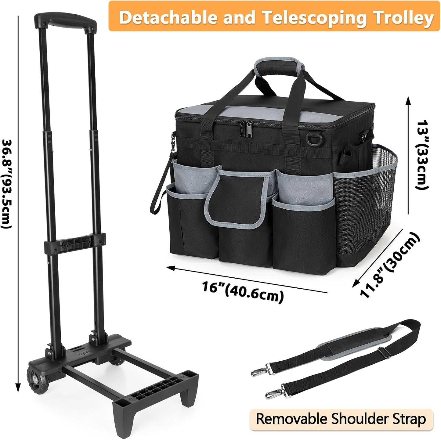HODRANT Large Rolling Cleaning Caddy with Detachable Trolley & Lid | Cleaning Cart on Wheels with Shoulder Strap & Handles, Cleaning Supplies Organizer with Multi Pockets for Clean Tools Storage
