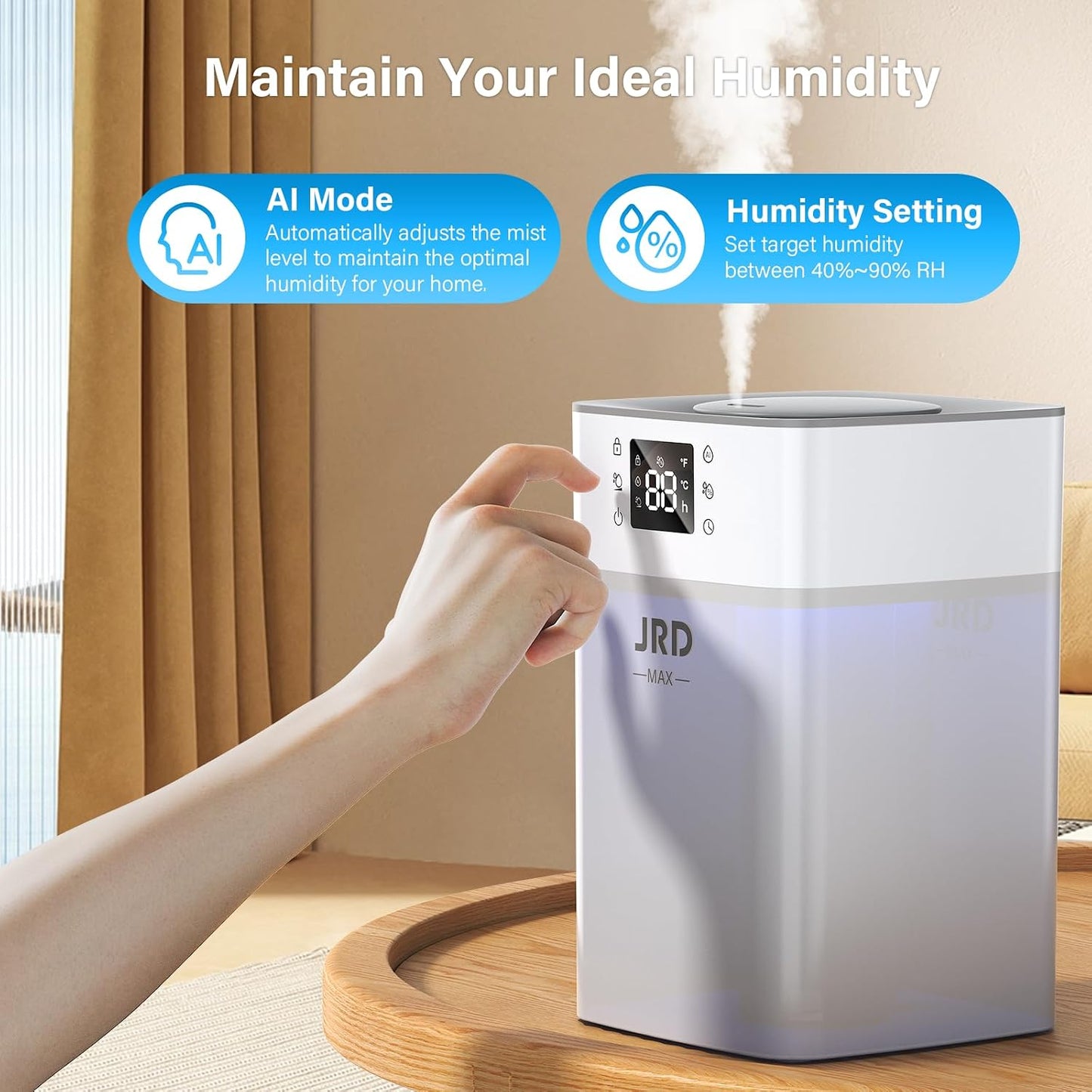 JRD 4L Humidifiers for Bedroom, Cool Mist Humidifier for Large Room, 40H Runtime, 360° Nozzle, Night Light for Home, Office, Baby Nursery, Plants（Black）