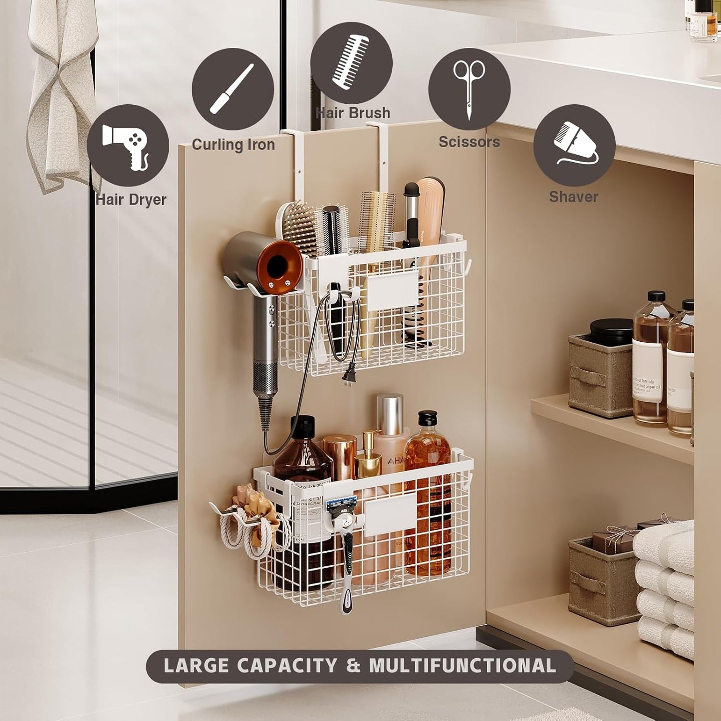Magheo Hair Dryer Holder Cabinet Door 3-in-1 Adhesive Hair Tool Organizer Wall Mounted Adjustable Height Blow Dryer Holder Under Sink Bathroom Hair Appliance Organizer and Storage Countertop(Black)