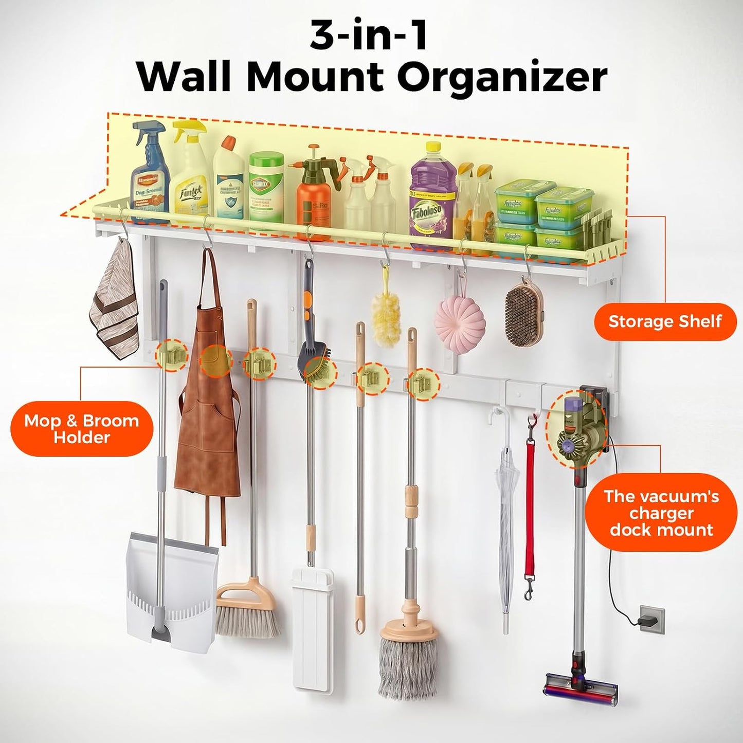 Broom Holder Wall Mount with Shelf, Black, L | 3 in 1 Broom and Mop Organizer, Wall Hanging, For Laundry, Garage, Utility, Vacuum Stand Alternative