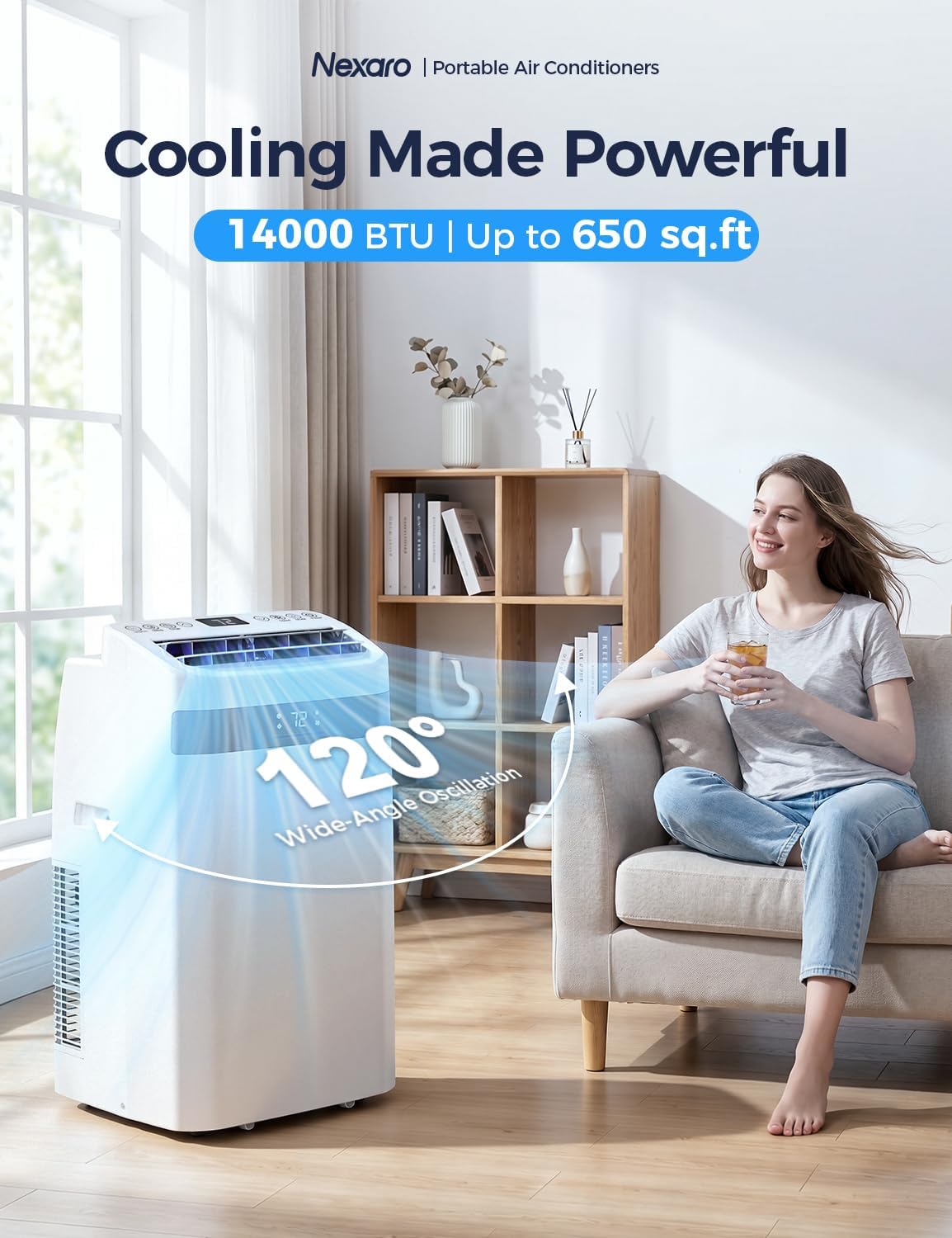 14000BTU Portable Air Conditioner, 4-in-1 700 Sq. Ft, Quiet for room | 14000BTU AC cools 700sq.ft, 4-in-1 cool/fan/dry/sleep, quiet, LED, remote, 24H timer, kit, for bed/office/dorm.