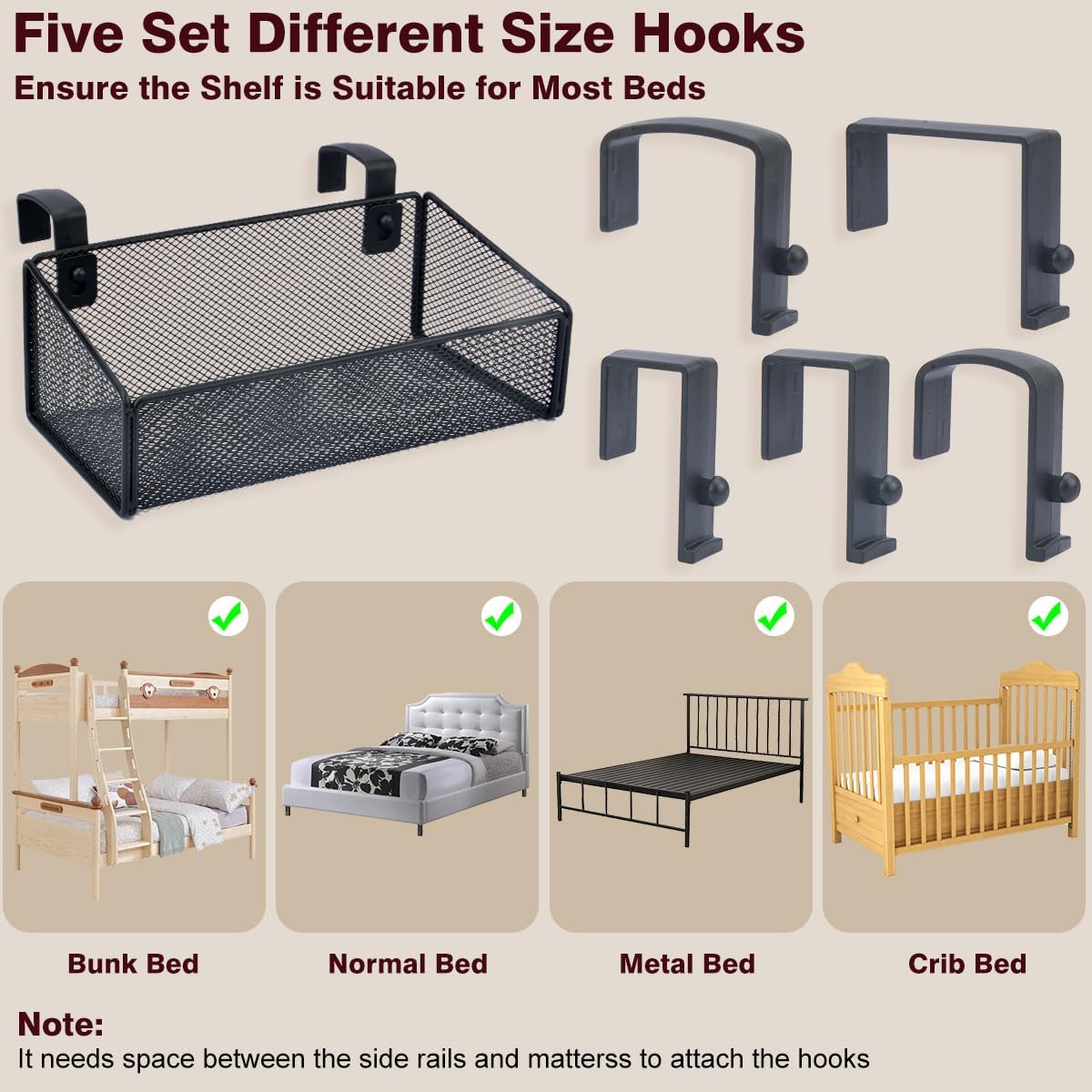 Bedside Shelf Bunk Bed Organizer Shelf Hanging Storage Metal Basket Phone Holder for Bedroom,Dorm,Office - Easy Use for Both Adult and Kids (White)
