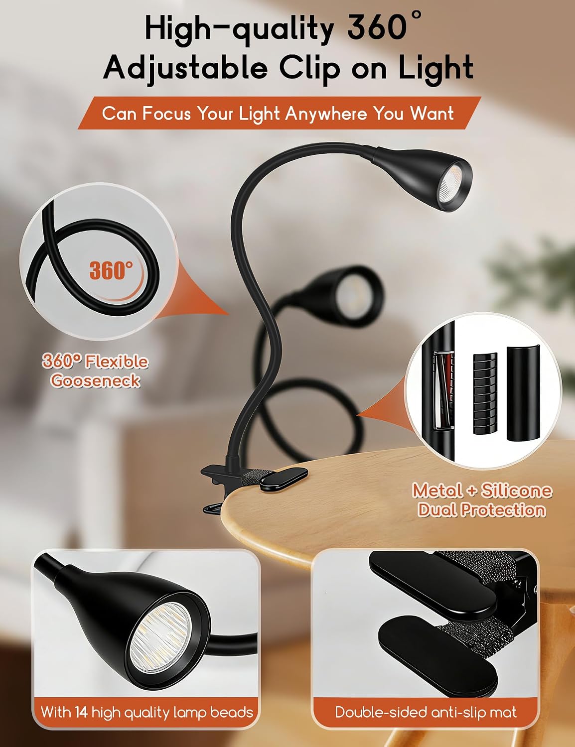 Reading Light for Book in Bed,Clip on Light Reading Lamp with Adapter Black