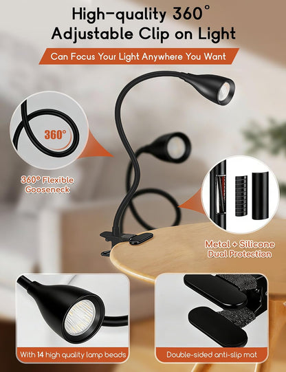 Reading Light for Book in Bed,Clip on Light Reading Lamp with Adapter Black