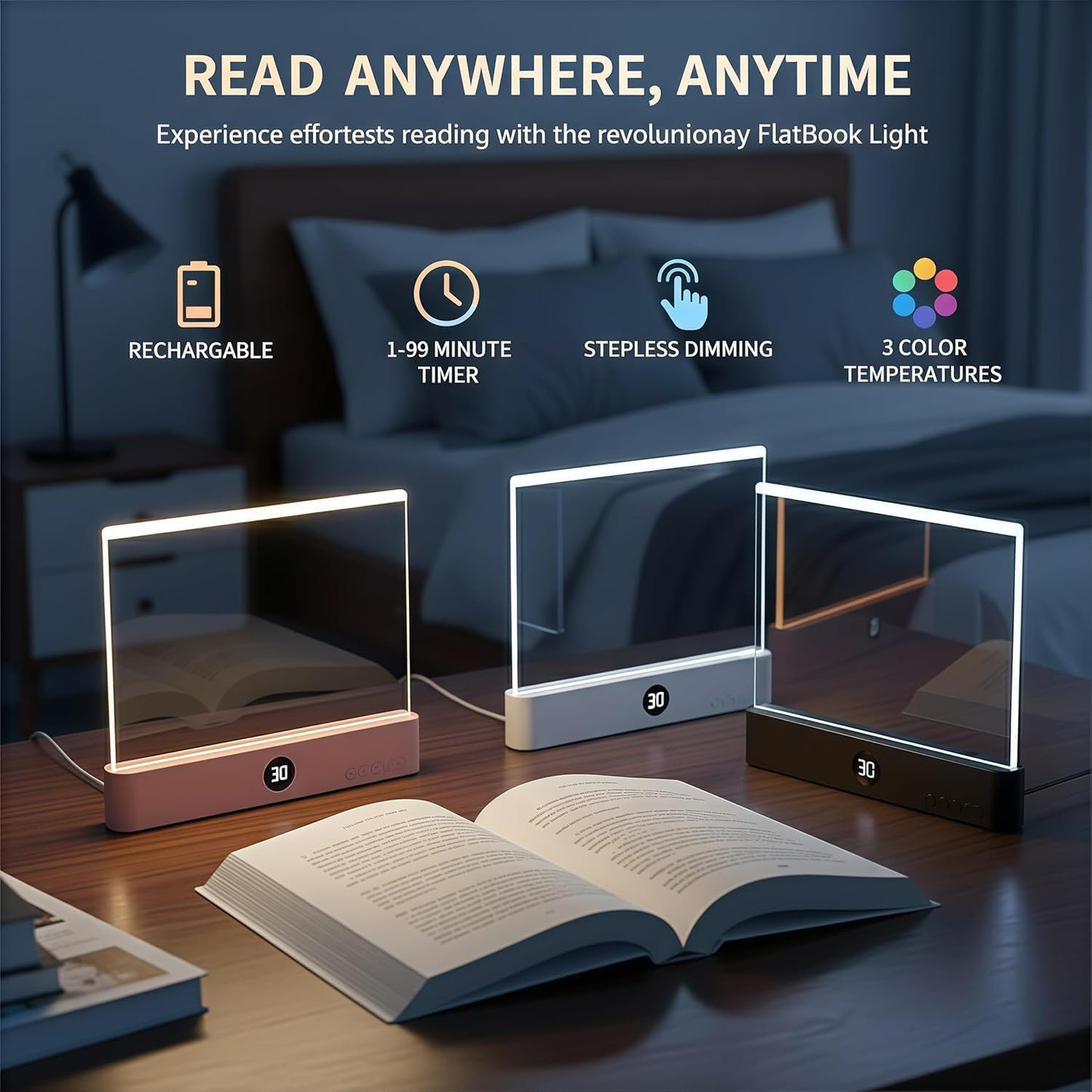 White Smart Led Reading Light, Book Light Treasure Box, Rechargeable Clear LED Flat Reading Light with 3 Colors & Timer, Doodleable Study Lamp, The Quiet Reader's Dream Lights