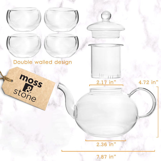 Moss & Stone Glass 27oz Tea Kettle Infuser & 4 Tea Cups Gift Set, Borosilicate Glass Teapot With Removable Glass Strainer & Teacups Of 2.7 oz, Teapot With Strainer Microwave Safe Tea Maker