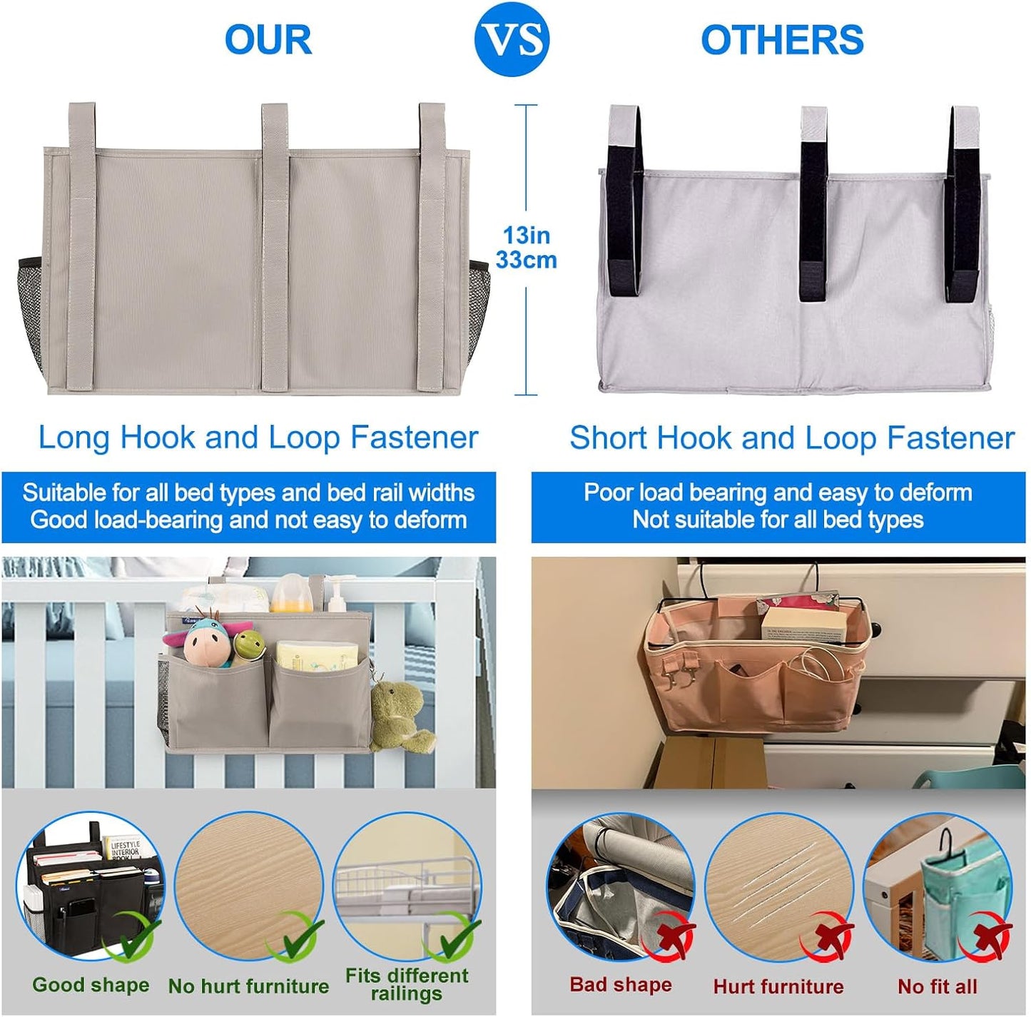 Surblue Bedside Caddy Hanging Organizer Storage Bag Pocket for Bunk, Hospital, College Dorm Rooms, Baby Bed Rails, Camp - 4 Pockets, 2 Hooks (Blue)