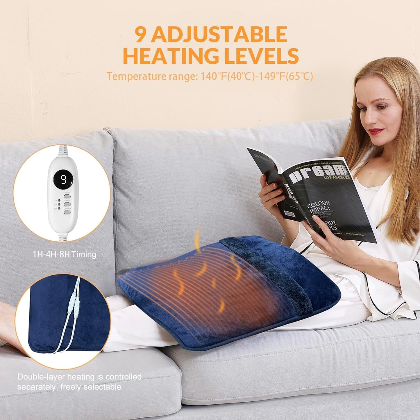 Double Sided Electric Foot Warmer for Men and Women with LCD Display & Non-Slip,Fast Heating Pad with Overheat Protection&Machine Washable, 10 ft Cord Foot Warmer Under Desk,Bed, Office,Home,Blue