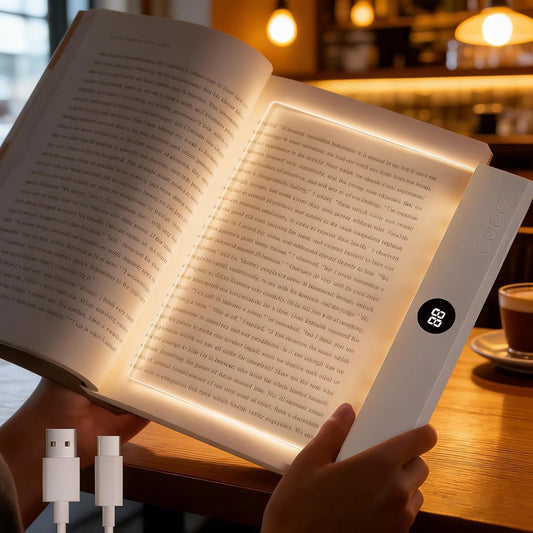 Book Light, Rechargeable Clear LED Flat Book Lights with 3 Colors & Timer | USB Rechargeable Reading Light, Dimmable Panel Plate Lamp Book Full Page Light, Funny Gifts for Readers Kids Women Men(White)