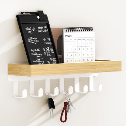 SWTYMIKI Key Holder Wall Mount - Wooden Key Hooks for Wall with Mail Organizer & 6 Hooks, 2 Installation Ways Key Hanger, Key Rack with Shelf for Entryway Living Room Bedroom Office Home Decor Black