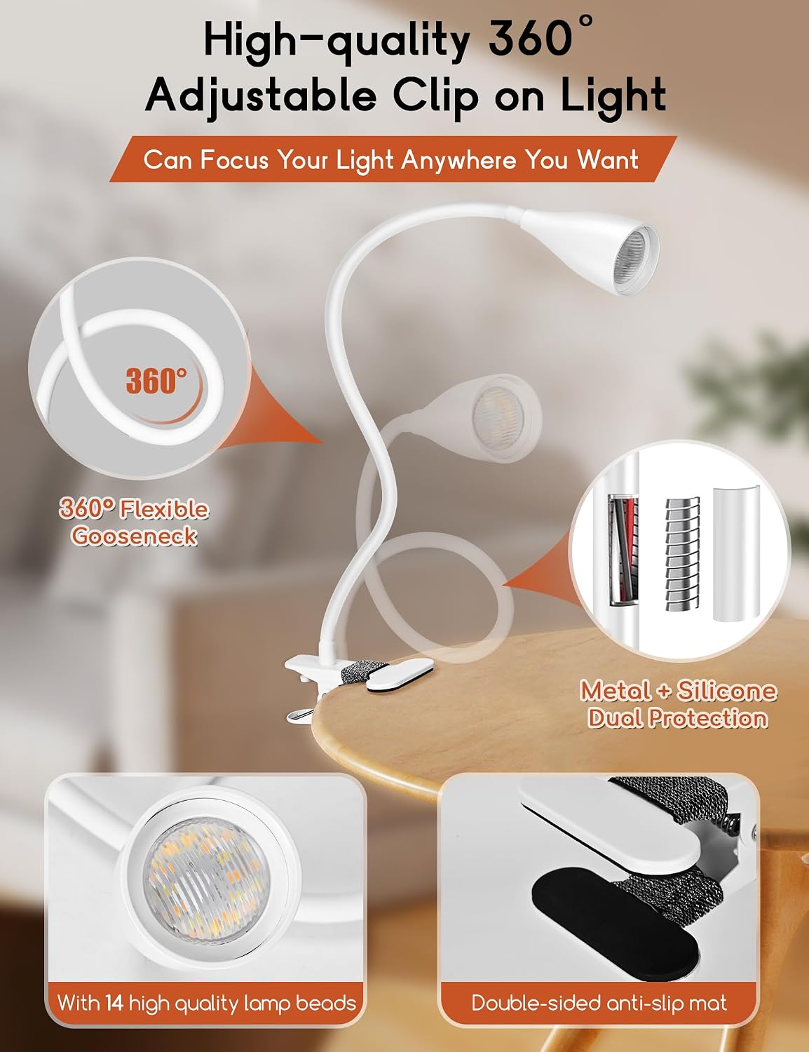 Reading Light for Book in Bed,Clip on Light Reading Lamp with Adapter Black