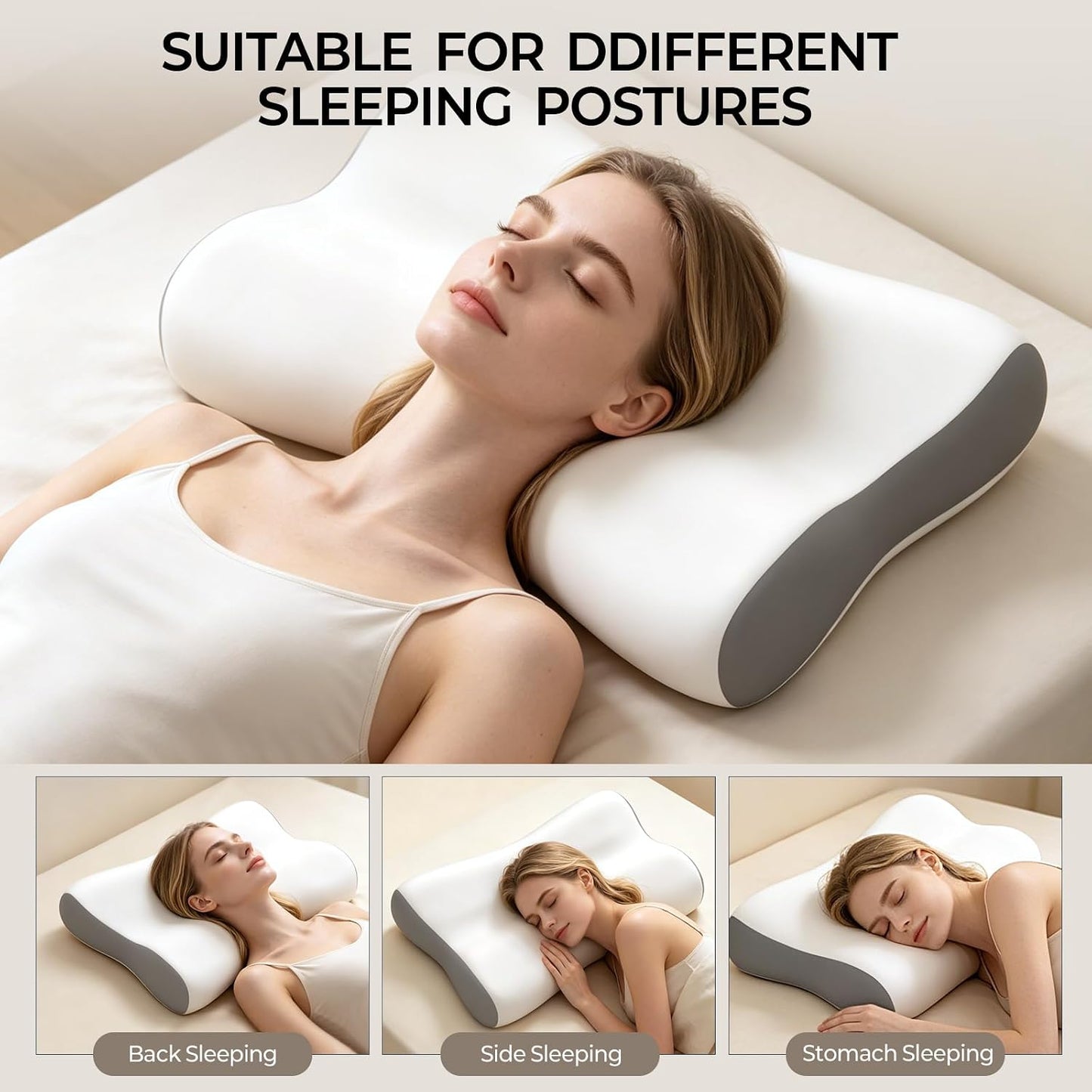 Polovo Cervical Neck Pillow for Pain Relief - Ergonomic Side Sleeper Pillow for Deep Sleep, Contour Memory Foam Pillows for Sleeping Bed Pillow for Side Back Stomach Sleepers(Grey)