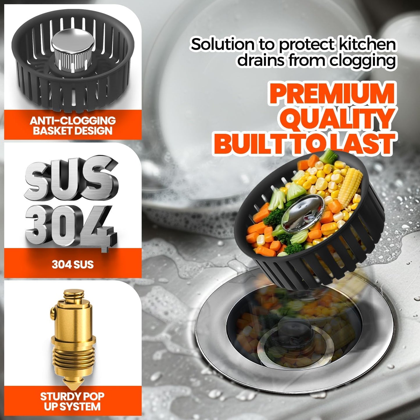 3 in 1 Kitchen Sink Drain Strainer Stopper Basket Pop Up Silver | Kitchen Sink Accessories Strainer Basket 2 Pack Silver,Stainless Steel Anti-Clog Catcher, Odor-Blocking Seal Fits 3.5" Drain