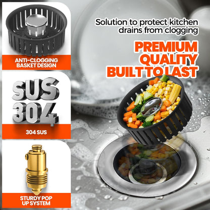3 in 1 Kitchen Sink Drain Strainer and Stopper Silver 1 Pack | Kitchen Sink Accessories Strainer Basket with Removable Insert - Stainless Steel Food Catcher, Easy Clean Pop-Up