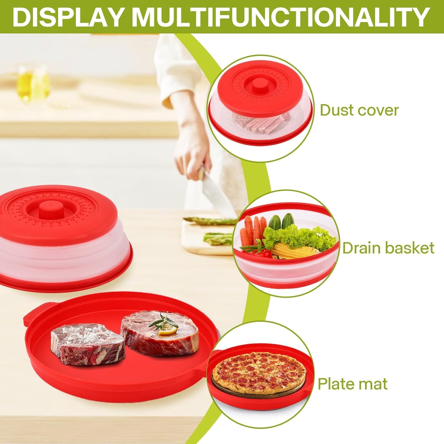 Microwave Splatter Cover for Food with Anti-Scald Base Plate and Handles, Large BPA-Free Silicone Vented Collapsible Guard Lid, Kitchen Essential Gadget for Meal Prep, 10.7 Inch(gray)