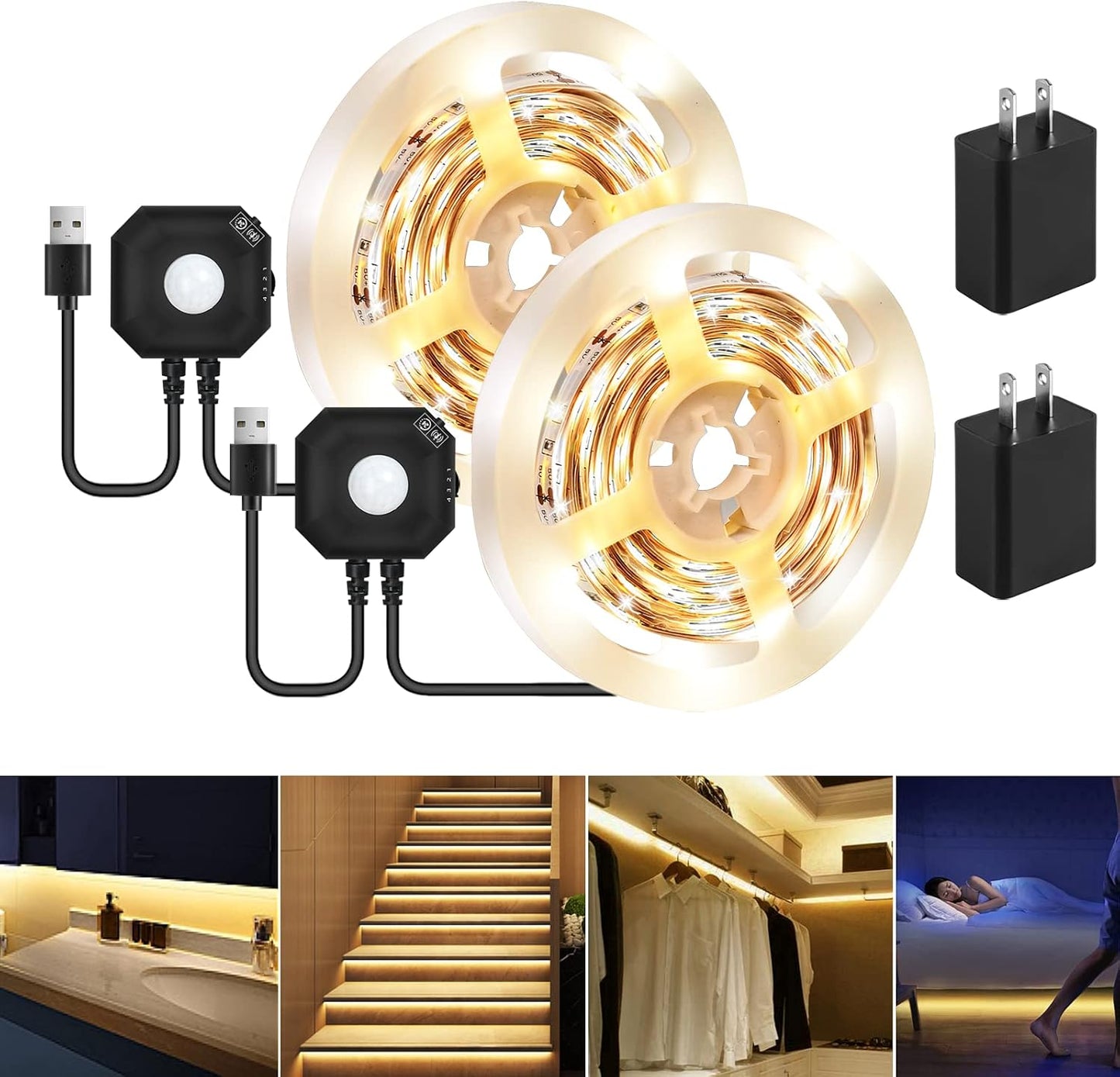 Motion Sensor LED Light Strip Indoor, 2-Pack 9.8Ft, 3000K Warm White | Motion Activated Under Bed Light,Auto Shut-Off Timer,USB Powered Auto On/Off Night Lighting for Bedroom Stair Cabinet Hallway