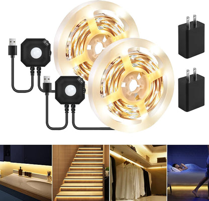 Motion Sensor LED Light Strip Indoor, 2-Pack 9.8Ft, 3000K Warm White | Motion Activated Under Bed Light,Auto Shut-Off Timer,USB Powered Auto On/Off Night Lighting for Bedroom Stair Cabinet Hallway