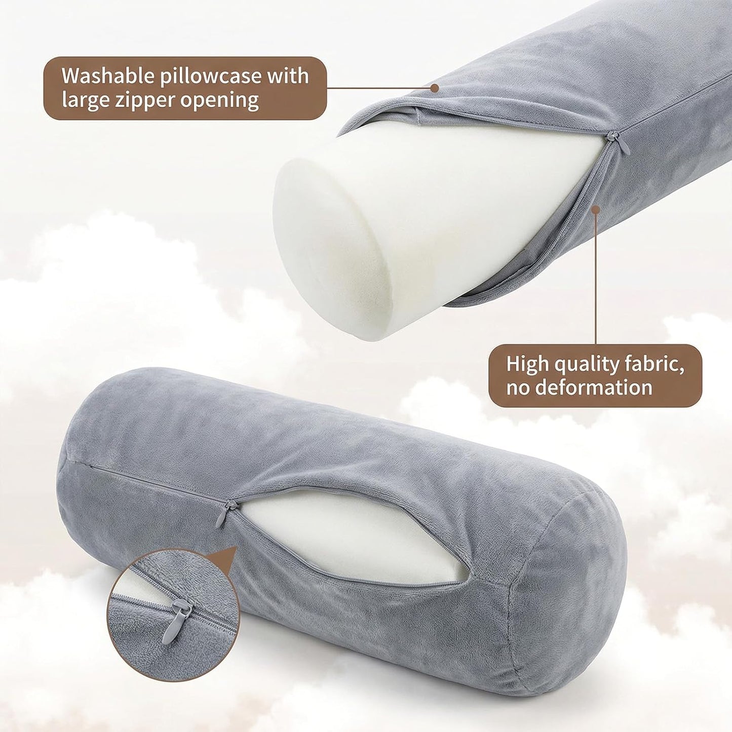 2Pcs Cervical Neck Roll Pillow Cover, Pillow Case with Zipper Round Pillowcovers Cylinder Soft Bolster Pillow Cover for Bedroom Living Room, 16 x 6 Inch (Only Pillow Covers, No Filler, Gray)